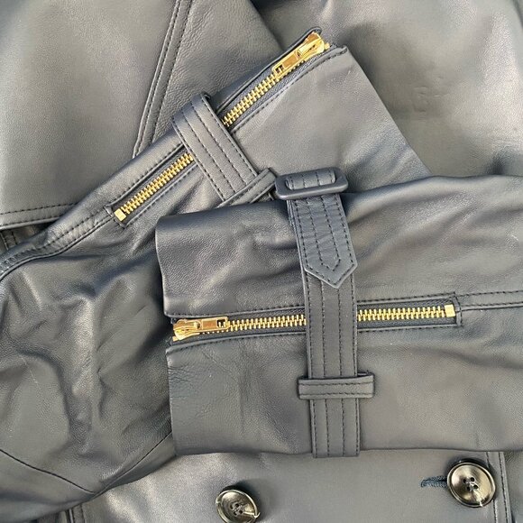 Santinni Navy Leather Trench Coat (Size Medium) - Picture 5 of 8